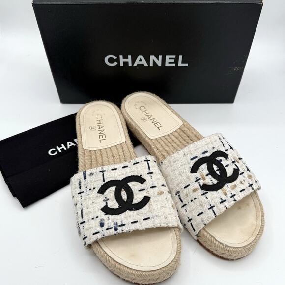 Chanel Espadrille Slide Sandals Tweed Fabric CC Logo Size 40 Made in Spain - Picture 1 of 8